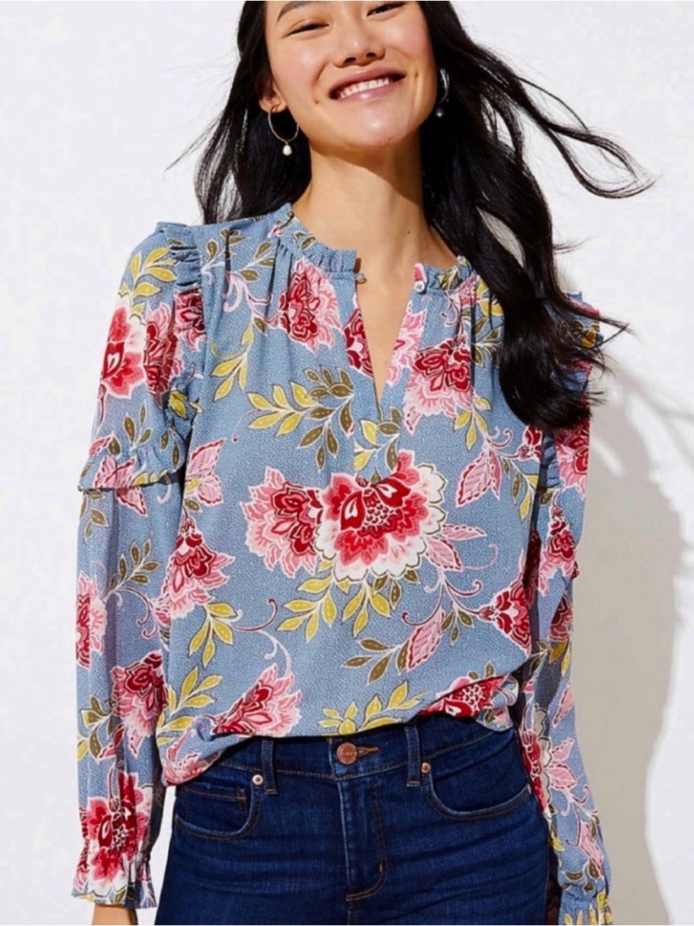 LOFT Garden Floral Print Boho Peasant Ruffle Split-Neck Blouse Size Large NWT